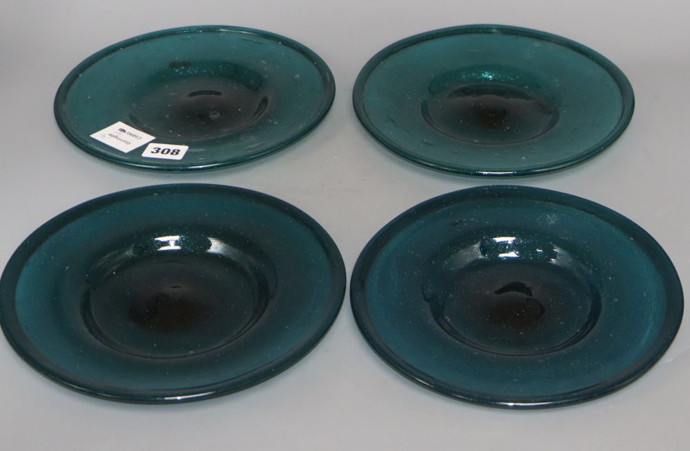 Four Venetian blue glass plates, diameter 22cm